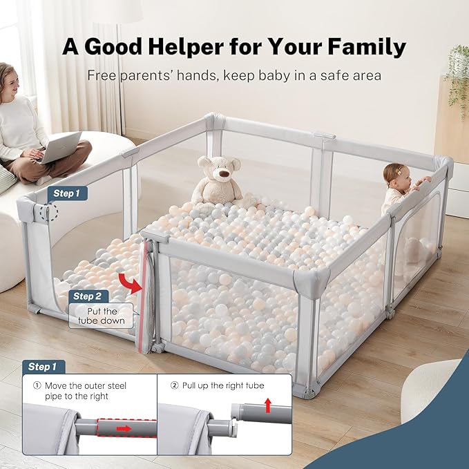 Baby Playpen Portable, Pre-Assembled Play Pen 71x79 Large Foldable Playpen for Babies and Toddlers, Sturdy and Safe Toddler Play Yard Indoor Outdoor with Carry Bag, Grey