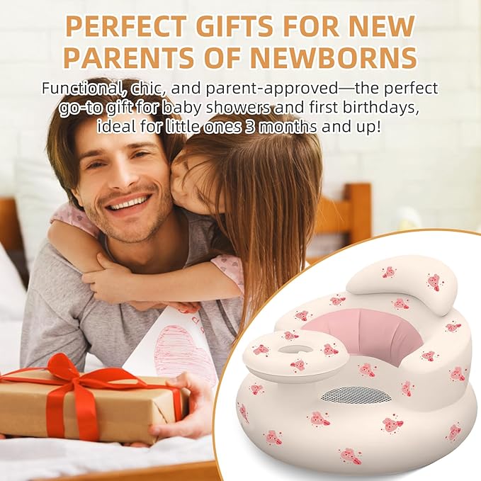 Inflatable Baby Seat with Tray, Blow up Infant Chair for Babies 3 Months and up, Comfortable Baby Floor Seats for Sitting Up, Built in Air Pump with Back Support Toddler Waterproof Sofa (Pink Rabbit)
