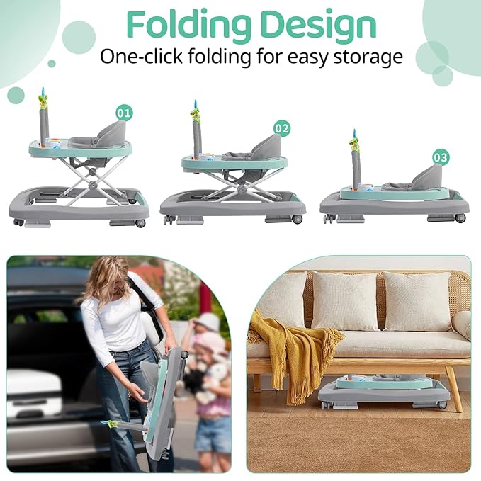 Foldable Baby Walker with Wheels, 3 Height Settings, 4-in-1 Activity Center for 6-18 Months with Tray, Music & Removable Footrest