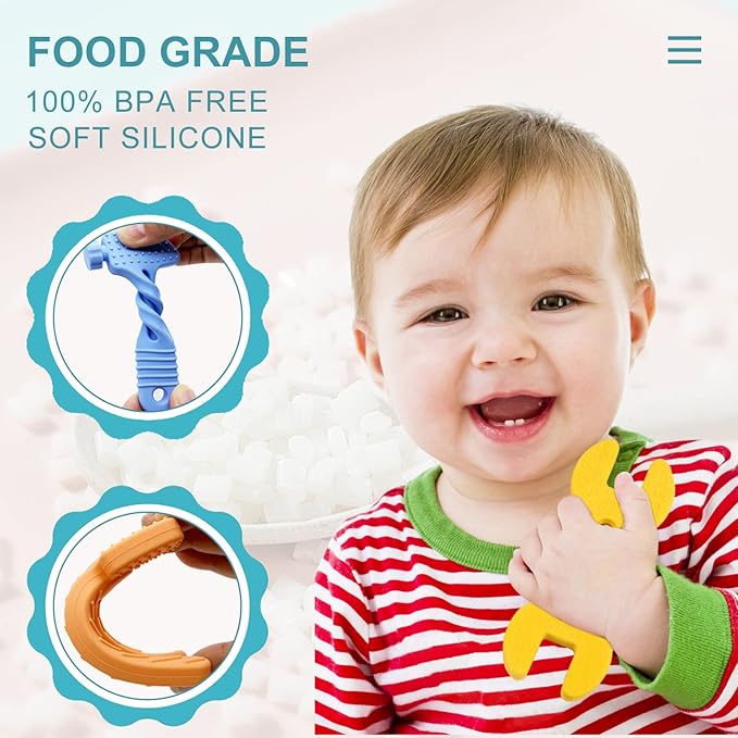 Teething Toys for Babies 3-6 Months 6-12 Months, Baby Teething Toys, Silicone Baby Teether Toys, Baby Chew Toys, Molar Teether, Hammer Wrench Spanner Pliers Shape Teething Toys for Boys Girls