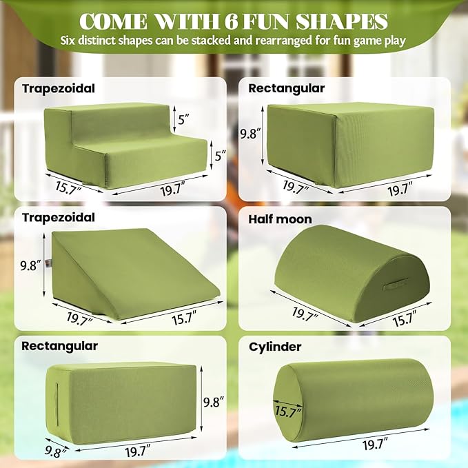 jela Kids Foam Climbing Blocks 6Pcs Soft Play Equipment Waterproof Fabric, UV Resistant Toddler Climbing Toys Indoor& Outdoor Soft Play Climbing, Lightweight Climbing Blocks forToddlers (Green)