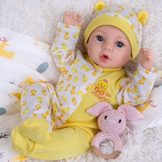 Aori Realistic Reborn Baby Dolls - 18 Inch Lifelike Newborn Girl Doll with Yellow Outfit & Feeding Set, Gift for Girls Kids Toddlers