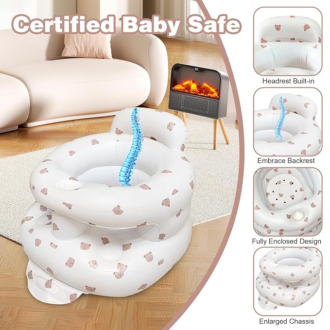 Inflatable Baby Seat for Babies 3-36 Months,Baby Floor Chair with Built in Air Pump,Infant Back Support Seat for Sitting & Learning to Sit (Bear)