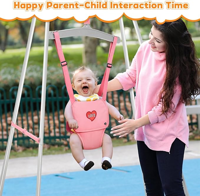 4-in-1 Toddler Swing Set & Baby Jumper and Bouncer for Toddlers, Foldable Baby Swing Stand for Outdoor Indoor Play, Easy to Assemble and Store for Ages 6 Months to 10 Years Old(Pink)