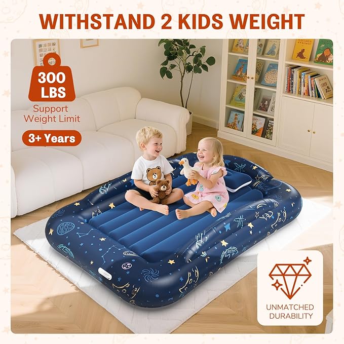 Inflatable Toddler Travel Bed Portable Camping Air Mattress with Electric Bumpers Blow Up Toddler Bed with Safe Sides Kids Travel Essentials Set for Vacation Home Outdoor-Starry Sky Blue