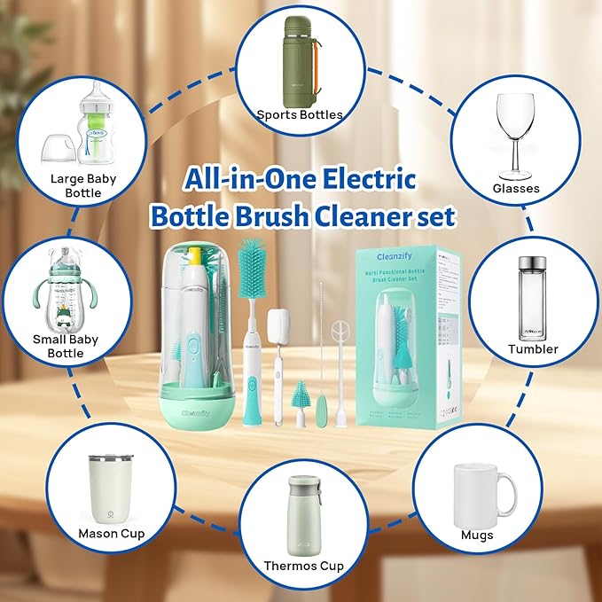 Electric Bottle Cleaner, Rechargeable Baby Bottle Cleaner Set for Travel, Waterproof with 2 Brush Heads, Straw Brush, Mixing Head, Storage Box