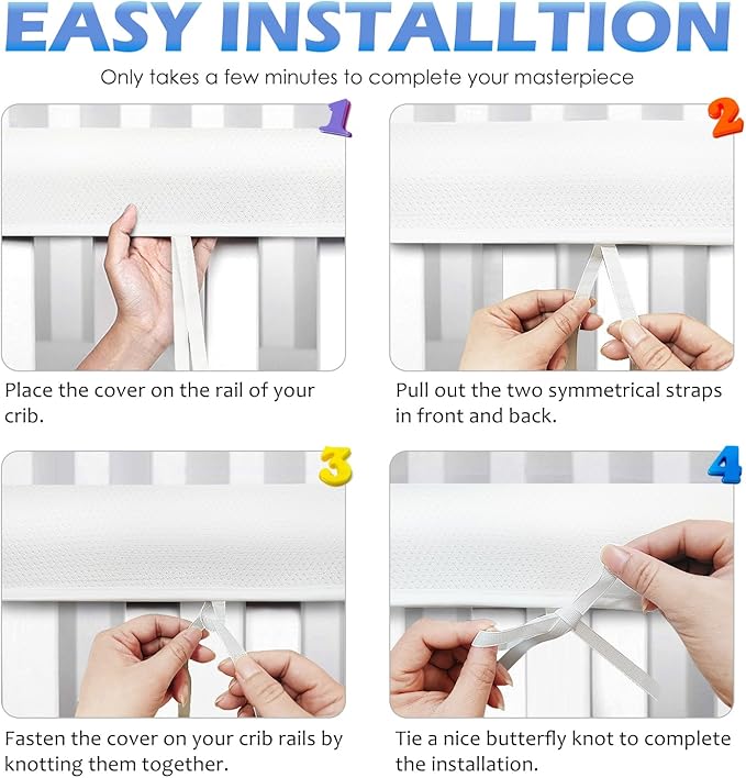 3PCS Crib Rail Covers for Teething, Soft Mesh Rail Protector,Mesh Teething Edge & Corner Guard Coverage Straps for Full Size Crib(Gray)