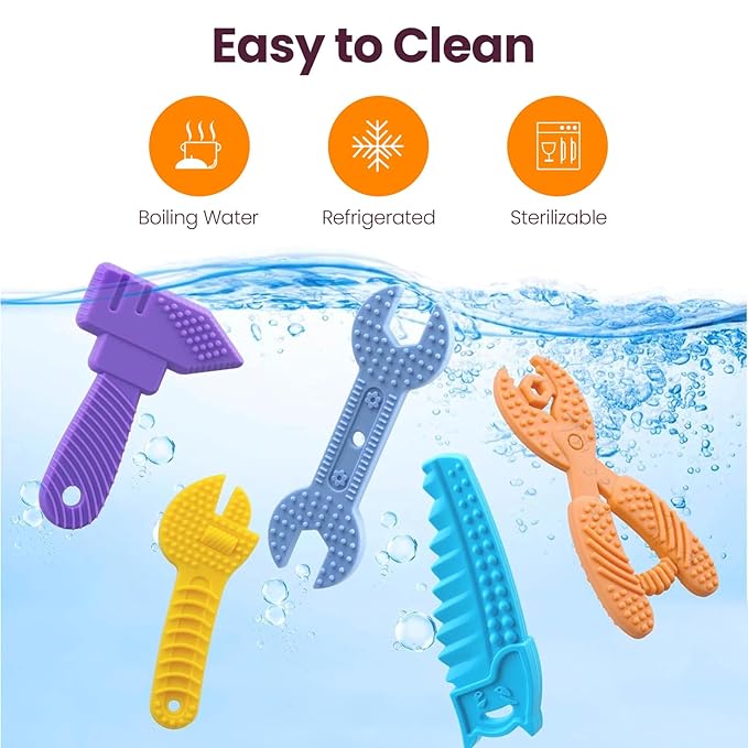 Infant Teething Tools Set: Soft BPA Free Teething Toys, 5 Piece Construction Set, Baby Boy Essentials Einstein, Gift for Infant Toddler Boy Girl