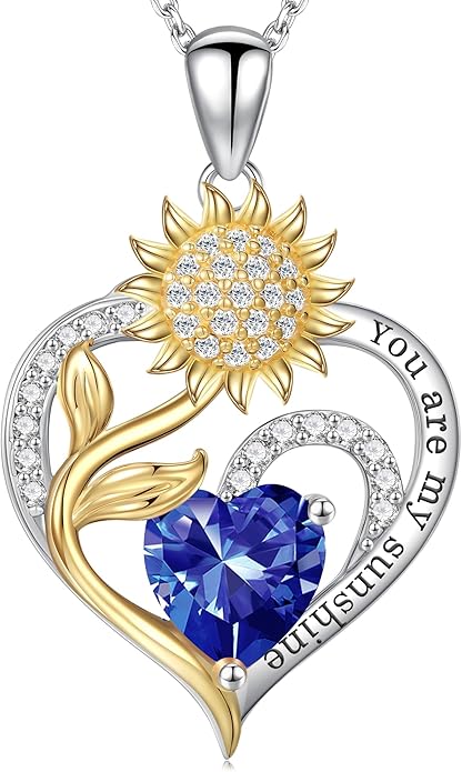 Iefil Sunflower Gifts for Women - Sunflower Necklace Heart Pendant Birthstone Necklace for Women Anniversary Birthday Gifts for Wife You Are My Sunshine 925 Sterling Silver Jewelry for Wife Mom