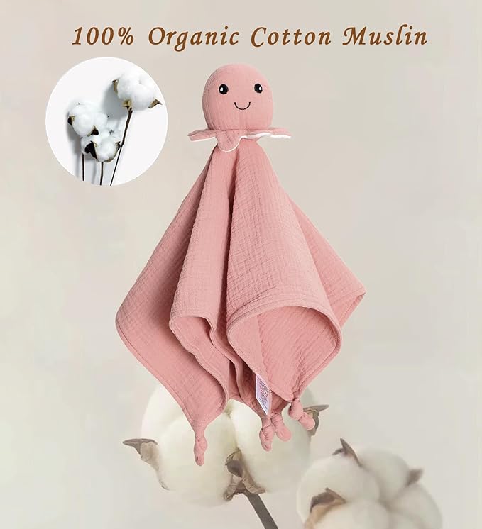 Organic Cotton Muslin Loveys for Babies,Security Blankets for Baby Lovey,Unisex Baby Essentials Neutral,Baby Registry Search,Newborn Baby Gifts for Boys and Girls (Octopus Pink)