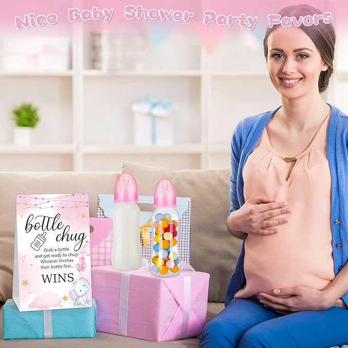 TrelaCo Cool Baby Shower Games Sets 12 Pcs Feeding Bottles with 1 Bottle Chug Sign for Gender Reveal Baby Shower Party Favors Decoration Games(Elephant,Pink)