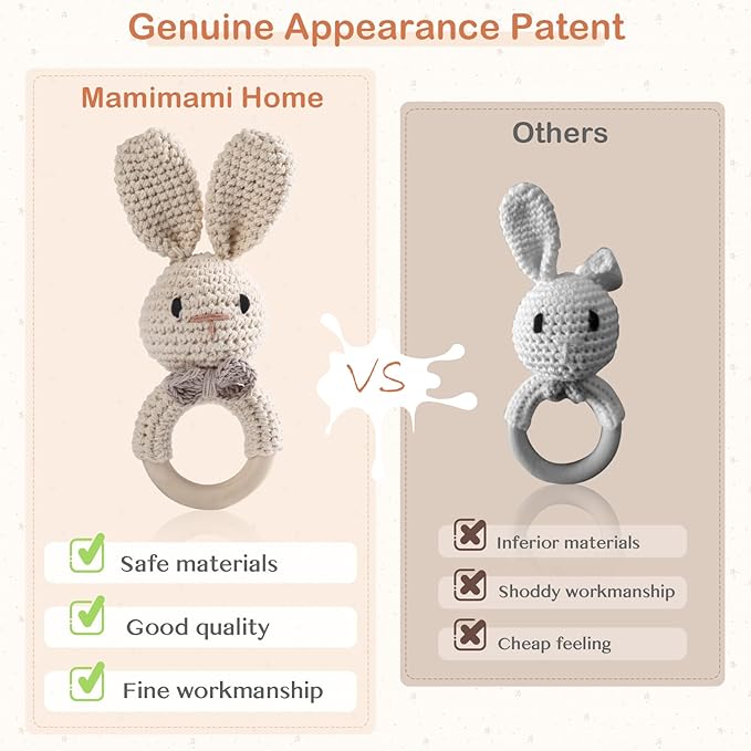 Handmade Crochet Easter Bunny Wooden Baby Rattle Toy for 0-6 Months - Organic Stuffed Animal for Newborn