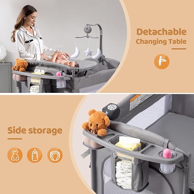 JOYMOR 9 in 1 Bedside Bassinet with Changing Table, Pack and Play with Bassinet, Convert to Rocking Baby Bed with Electric Music Center, Mosquito Net, Toy, Storage, Gray