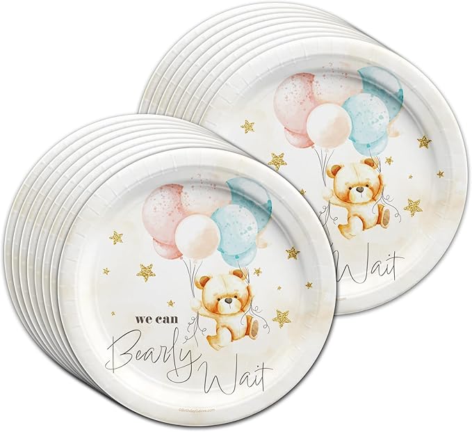Birthday Galore Twin Teddy Bears Party Supplies - 64 Piece Twins Baby Shower Tableware Set Includes Large 9" Dinner Plates and 8" Dessert Paper Plates Napkins Cups - Kit for 16