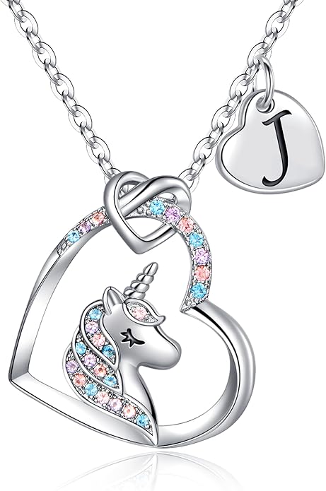 Hidepoo Unicorn Necklace Gifts for Girls Daughter - Colorful CZ Heart Pendant Initial Unicorn Necklaces for Girl Teens Little Girls Jewelry Birthday Gift