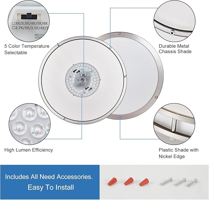 DLLT Flush Mount LED Ceiling Light: 13 Inch 5CCT (3000K-6000K) & Dimmable Ceiling Light Fixtures for Bedroom Hallway - 24W Modern Brushed Nickel Super Bright Kitchen Lighting Fixtures Ceiling