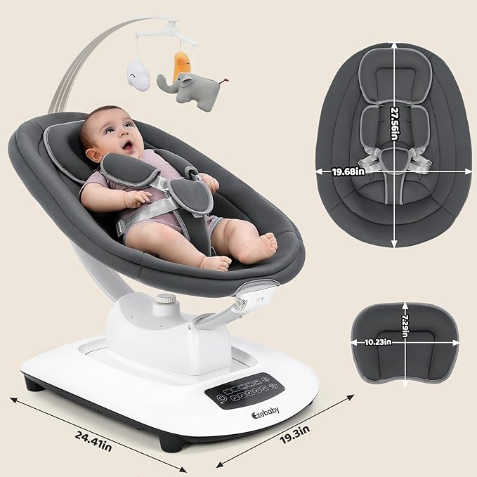 Ezebaby Baby Swing for Infants and Newborns with 5 Unique Motions, Adjustable Speed and Positions, Lullabies, Infant Swing with 5-Point Harness, Baby Swing for Newborn Babies 0-9 Months Grey
