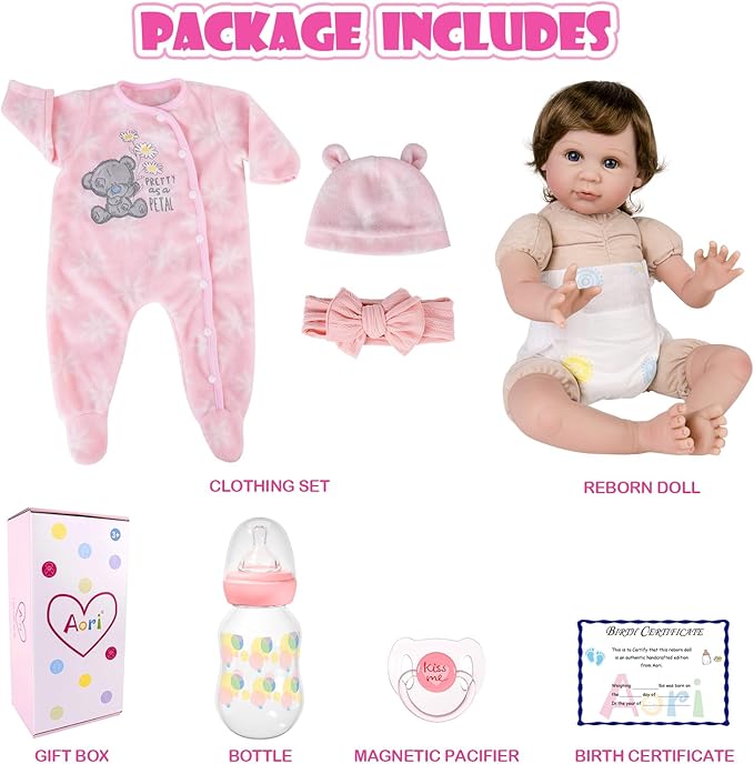 Aori Reborn Baby Dolls 22 Inch Realistic Girl - Lifelike Weighted Newborn Toddler with Feeding Bottle & Magnetic Pacifier, Handapplied Wig Hair, Soft Body, Gift for Kids 3+,Collectors