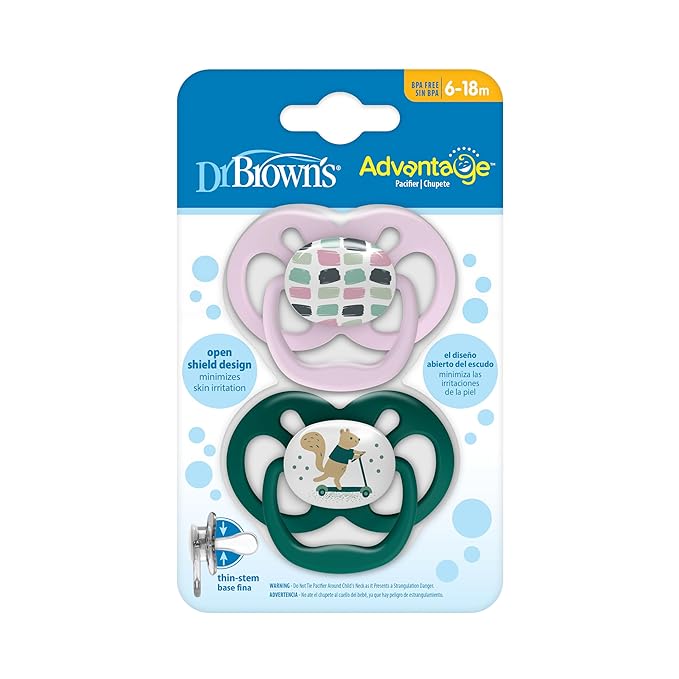 Dr. Brown's Advantage Baby Pacifier, Fully Symmetrical Soother with Soft Silicone Bulb, Scooter Squirrel, 6-18m, BPA Free, 2 Pack