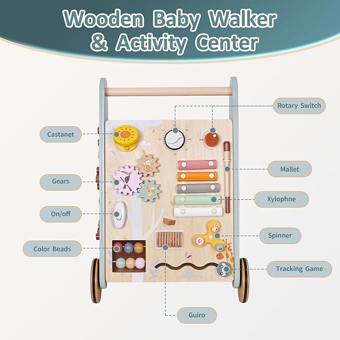 MICKYU Wooden Baby Walker with Wheels | Montessori Baby Push Walker Activity Center Toys Gifts for Boys Girls