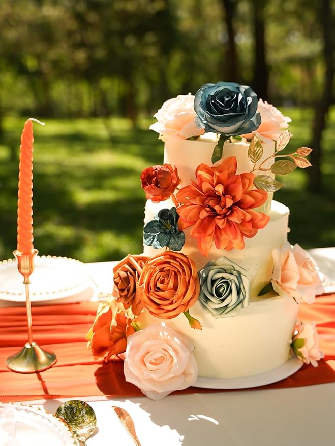 RICHMYC Artificial Flowers Orange Green Wedding Silk Fall Flowers with Stems Fake Cake Flowers for Wedding Bouquets Centerpieces Baby Shower Fall Decor