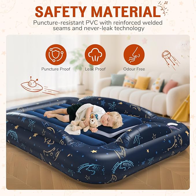Inflatable Toddler Travel Bed Portable Camping Air Mattress with Electric Bumpers Blow Up Toddler Bed with Safe Sides Kids Travel Essentials Set for Vacation Home Outdoor-Starry Sky Blue