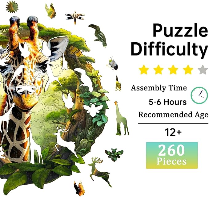 Jigfoxy Wooden Puzzles for Adults, Giraffe Wood Puzzles Adult, Unique Animal Shape Wooden Jigsaw Puzzles for Adults, Birthday Gifts for Puzzle Lovers, Family, Friend (L-13.4 * 12.4in-260pcs)