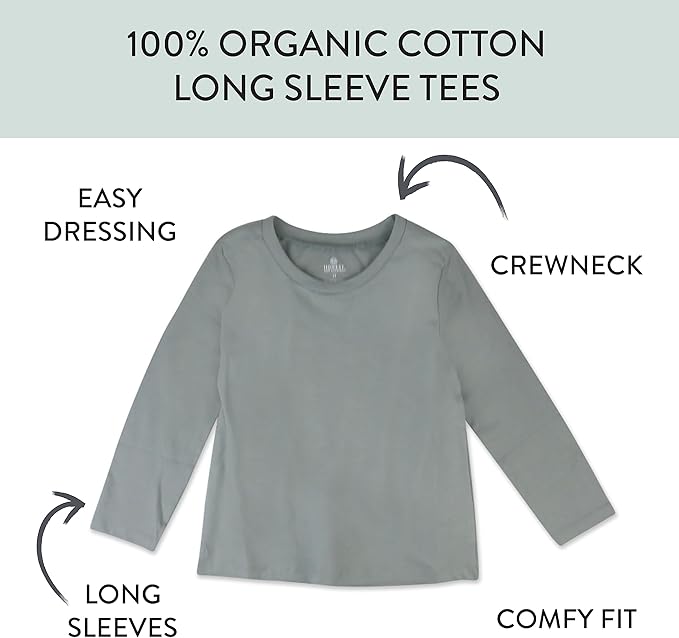 HonestBaby 5-Pack Long Sleeve T Shirts 100% Organic Cotton for Toddler, Little Kids Boys, Girls