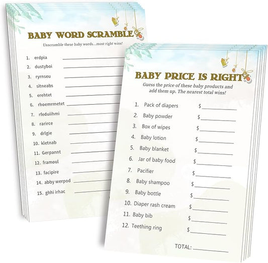 Baby Shower Games for Boy or Girl-2 Games(50 of Each),Baby Shower Word Scramble Game&Price is Right,Double-Sided,Fun,Hilarious,and Easy to Play,Gender Neutral,with Answer Keys