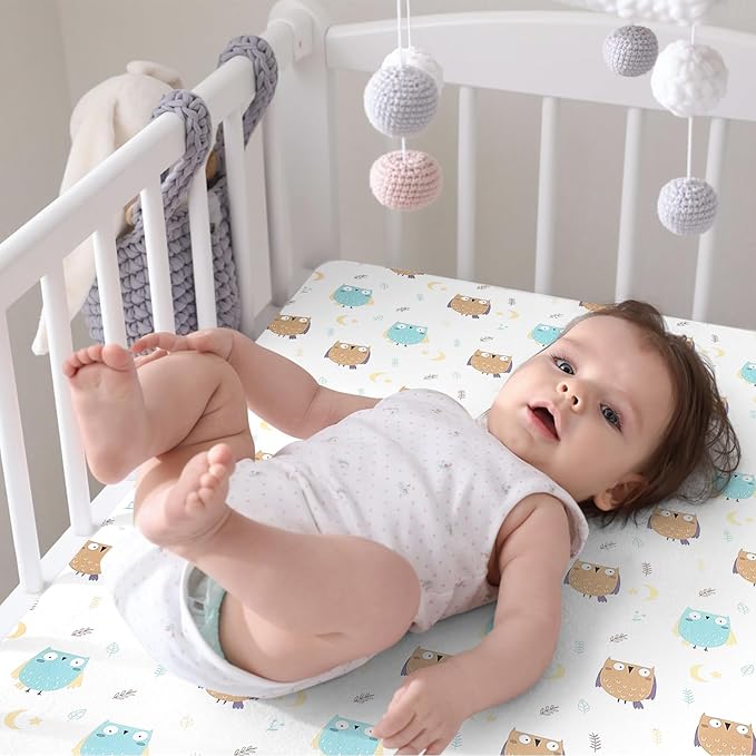 Pack n Play Fitted Sheet. 2 Piece Mini Crib Sheet Set Elastic Playard Sheet Set Portable Sheet Set Elastic Convertible Playmat Compatible with Graco Pack n Play. (Owl and Tree Bag) (Cartoon)
