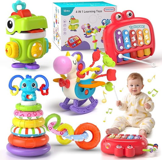 4 in 1 Baby Toys for 6 to 12 to 18 Months, Infant Sensory & Stacking for 1+ Year Old, Busy Cube Toys for Babies 6 - 12 Months, Piano Xylophone Musical Travel Toys, Christmas Birthday Gifts for 1 - 2