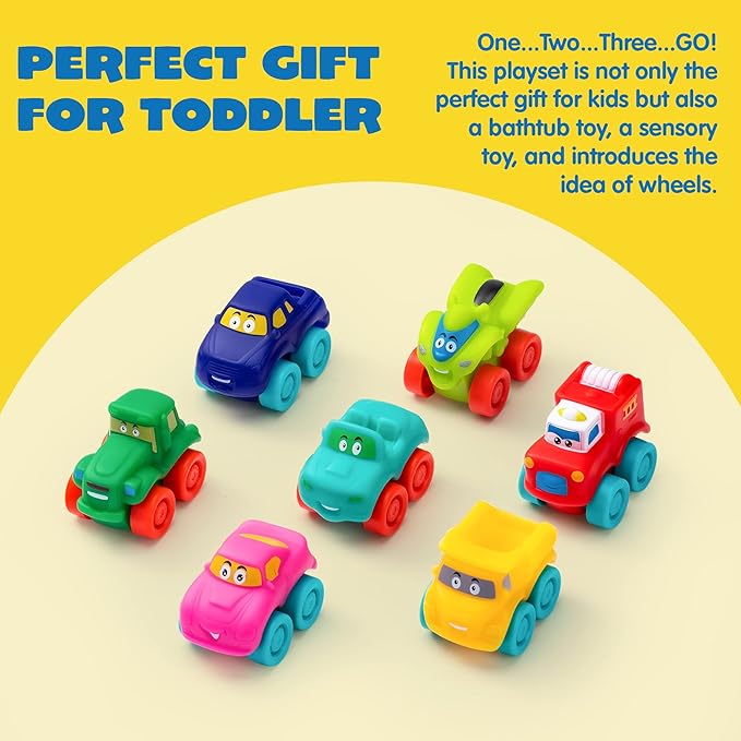 JOYIN Cartoon Cars, Soft Rubber Toy Car Set, Mini Vehicles, Bath Toy Car for Toddlers, Gift for Boys and Girls Easter Basket Stuffers, Summer Beach and Pool Activity, Party Favors for Kids