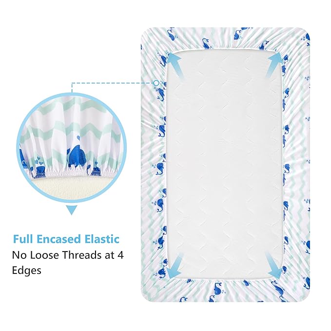 TILLYOU Baby Crib Sheets for Boys Girls, Super Soft Toddler Bed Sheets, 2 Pack Sheets for Standard Crib Mattress 28x52in, Navy Whale and Light Green