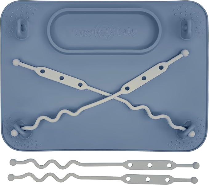 BUSY BABY Silicone Mat - New and Improved Suction Cups, 4 Straps to Secure Baby Essentials, Self Feeding, Baby Led Weaning, Travel Sleeve Included (Pewter)