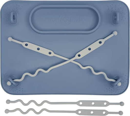 BUSY BABY Silicone Mat - New and Improved Suction Cups, 4 Straps to Secure Baby Essentials, Self Feeding, Baby Led Weaning, Travel Sleeve Included (Pewter)