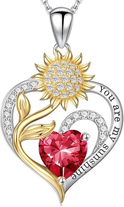Iefil Sunflower Gifts for Women - Sunflower Necklace Heart Pendant Birthstone Necklace for Women Anniversary Birthday Gifts for Wife You Are My Sunshine 925 Sterling Silver Jewelry for Wife Mom
