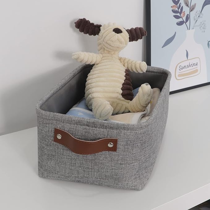 HNZIGE Foldable Fabric Storage Baskets (6pack), Empty Gift Baskets with Leather Handles, Decorative Organizers for Closet (Gray, 11.8" x 7.8" x 5.1")