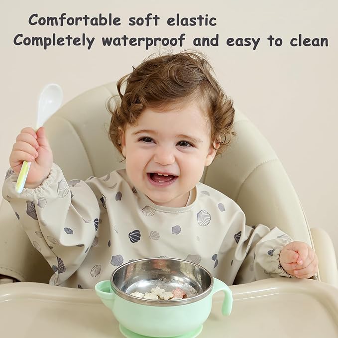 Baby Bib with Long Sleeves Bib & BLW, Machine Washable & Soft and Skin-Friendly Material, Coverall Bibs for Baby Feeding, Waterproof and Easy to Clean, for Baby Infant Toddlers (Beige)