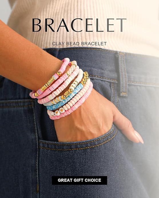Friendship Bracelets Trendy Heishi Clay Bead Bracelets Stack Gold Beaded Stretch Bracelets for Women Boho Stackable Bracelets Bulk Cute Preppy Jewelry