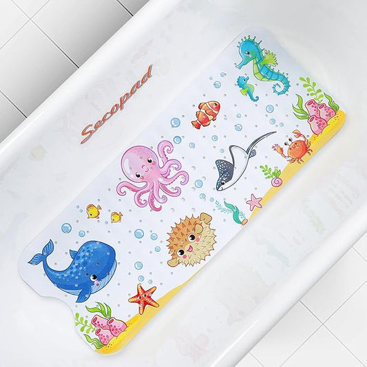 Cartoon Baby Bath Mat, Kids Bathtub Mat Non Slip for Toddler Bath Shower Anti Slip, 40In X 16In with Drain Holes and Suction Cups Machine Washable, New-Octopus