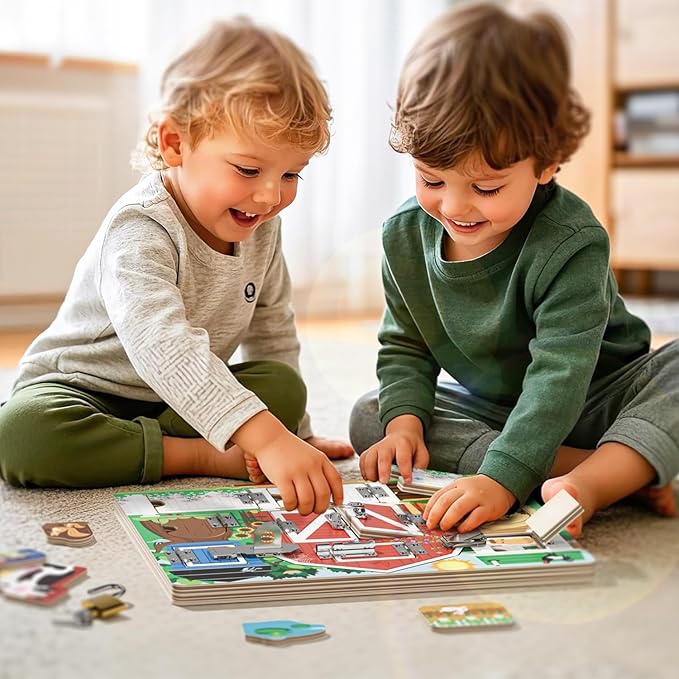 Wooden Latches Busy Board for 1-4 Year Old, Montessori Toys Sensory Toys for Toddler, Farm Theme Educational Busy Board for Kids, Activity Board Gift for Kids