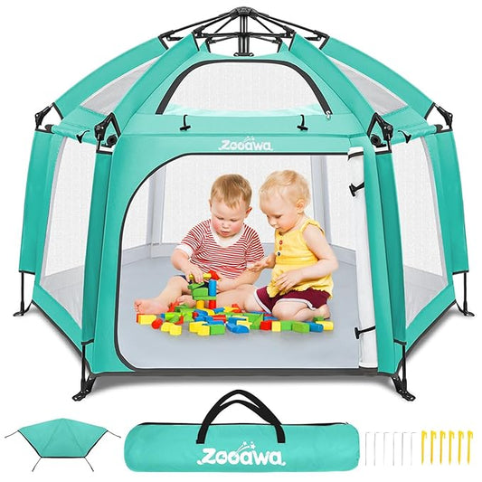 Zooawa Pop Up Playpen for Baby, Portable Play Yard for Babies and Toddlers with Removable Sun-Shades& 2 Side UV Covers, Lightweight Outdoor Baby Playpen with Travel Bag,Beach,Home, Mint Green