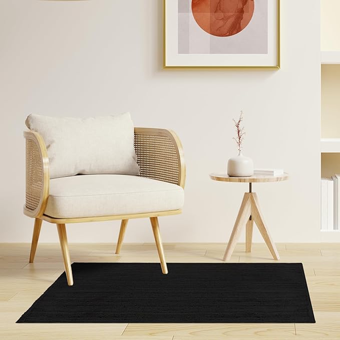 HOMEMONDE Handcrafted Woven Rectangle Jute Rug - Rustic Vintage Braided Reversible - Farmhouse Indoor Floor - Eco Friendly for Kitchen/Hallway/Living Room/Bedroom (Black, 2.3'x4'')