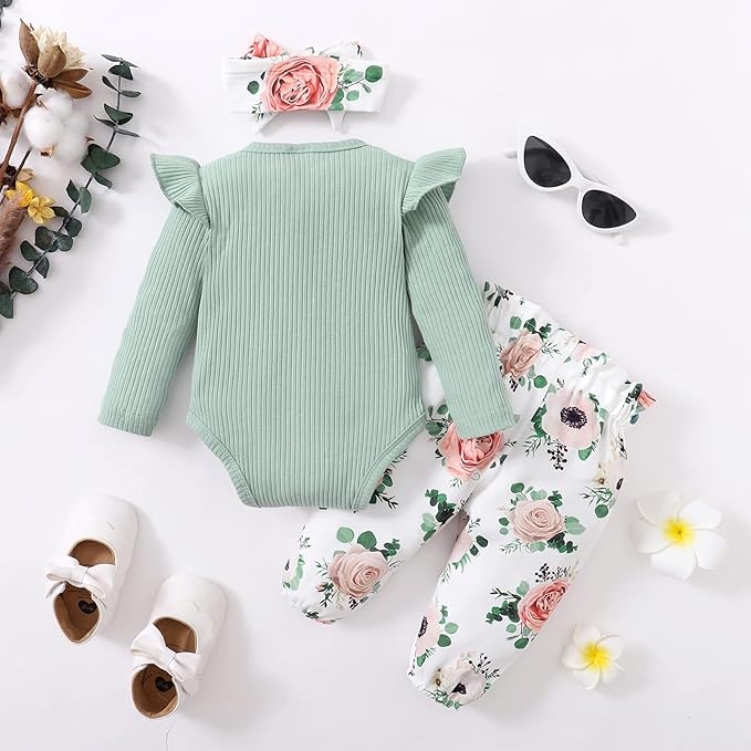 DISAUR Baby Girls Clothes Newborn Infant Baby Girls Outfit Long Sleeve Ruffle Romper Floral Pants Headband Sets 0-18 Months