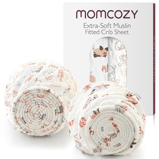 Momcozy Best Wishes Muslin Fitted Mini Crib Sheets, 38''x26'', 2 Pack Soft Breathable Natural Cotton Baby Mattress Sheet, 360° Mattress Wrapping Boys Girls Neutral Toddler Bed Sheet, Farming Joy