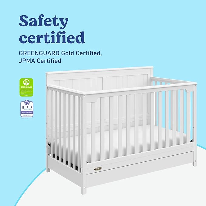 Graco Hadley 5-in-1 Convertible Crib with Drawer (White) – GREENGUARD Gold Certified, Crib with Drawer Combo, Full-Size Nursery Storage Drawer, Converts to Toddler Bed, Daybed