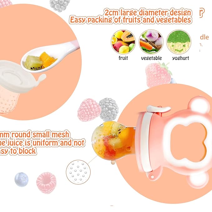 Baby Fruit Food Feeder - Silicone Nibble Tray Combo - Breastmilk Popsicle Mold for Cooling Relief, BPA Free Mesh Feeder for Infant Self Feeding (Monkey Pink + Pineapple)