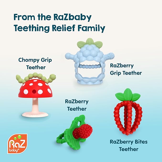 RaZbaby Soft Silicone Infant & Baby 3M+ Teether Toy Massaging Bristles Teething Relief Pacifier - Soothes Sore Gums - Hands-Free & Easy-to-Hold Chompy Teether, BPA Free (RED/Pink)