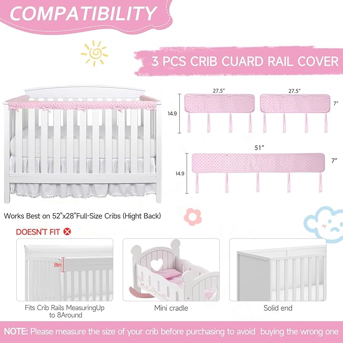 Plush Pink 3pcs New Teething Edge Crib Rail Cover&Corner Guard Coverage Straps,Reversible Guardrail Cover Protector for Boys Girls(1 Long 2 Short)