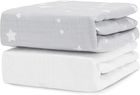 Newton Baby Organic Fitted Crib Sheet (2-Pack) - Ultra Breathable and Soft, 100% Organic Muslin Cotton, Stardust Print in Twilight Grey + Solid White, Fits All Standard Cribs
